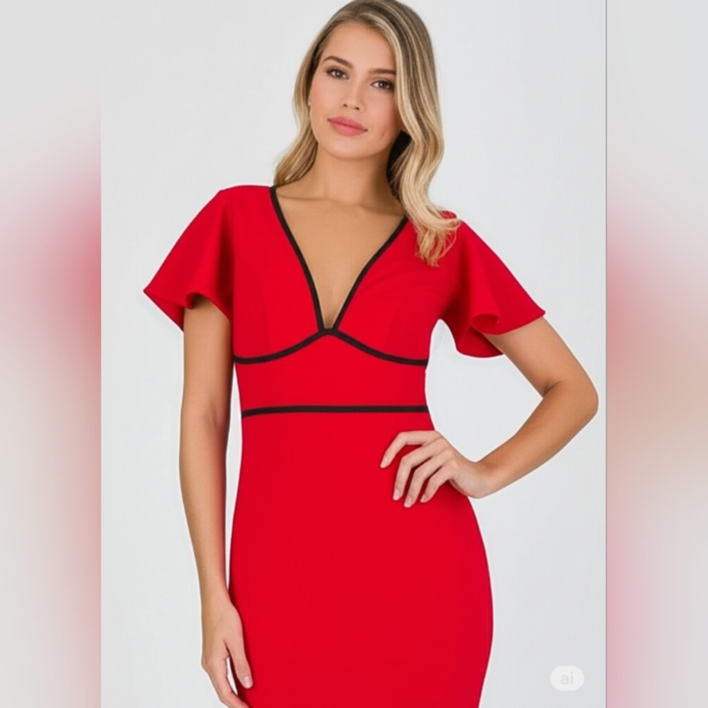 Symphony Red Cap Sleeve Open Back Bodycon Dress S